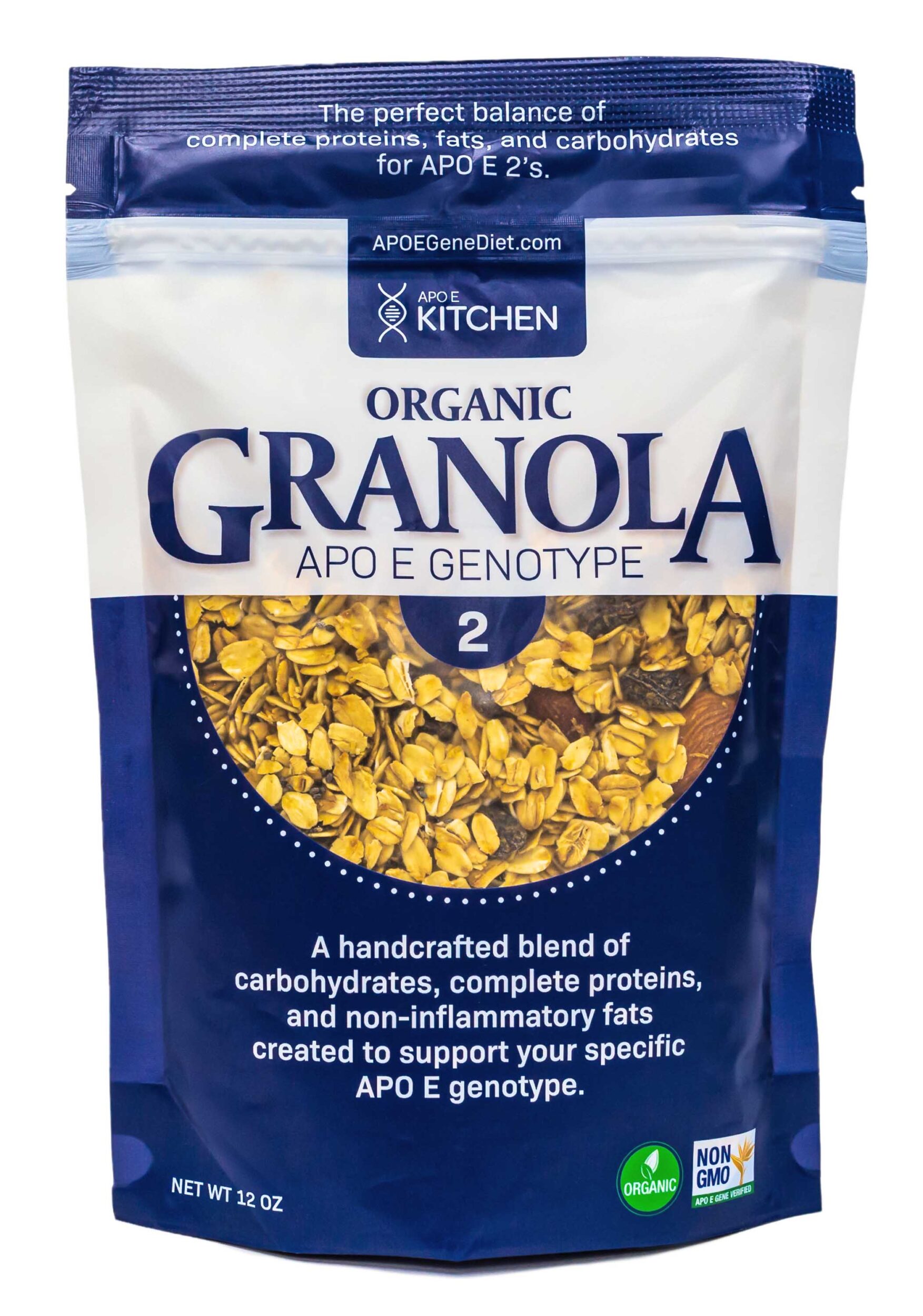 A bag of apoe kitchen organic genotype featuring pumpkin seeds, labeled as non-inflammatory and said to support perfect dietary balance.