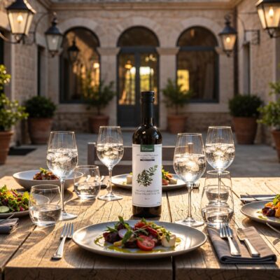 APOE Kitchen Organic Arbequina Extra Virgin Olive Oil bottle on an outdoor dinner table with salads