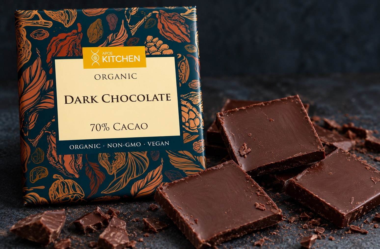 APOE Kitchen Organic Dark Chocolate 70% cacao bar with broken squares on dark slate