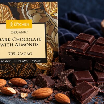 APOE Kitchen Organic Dark Chocolate with Almonds bar with chocolate squares and whole almonds