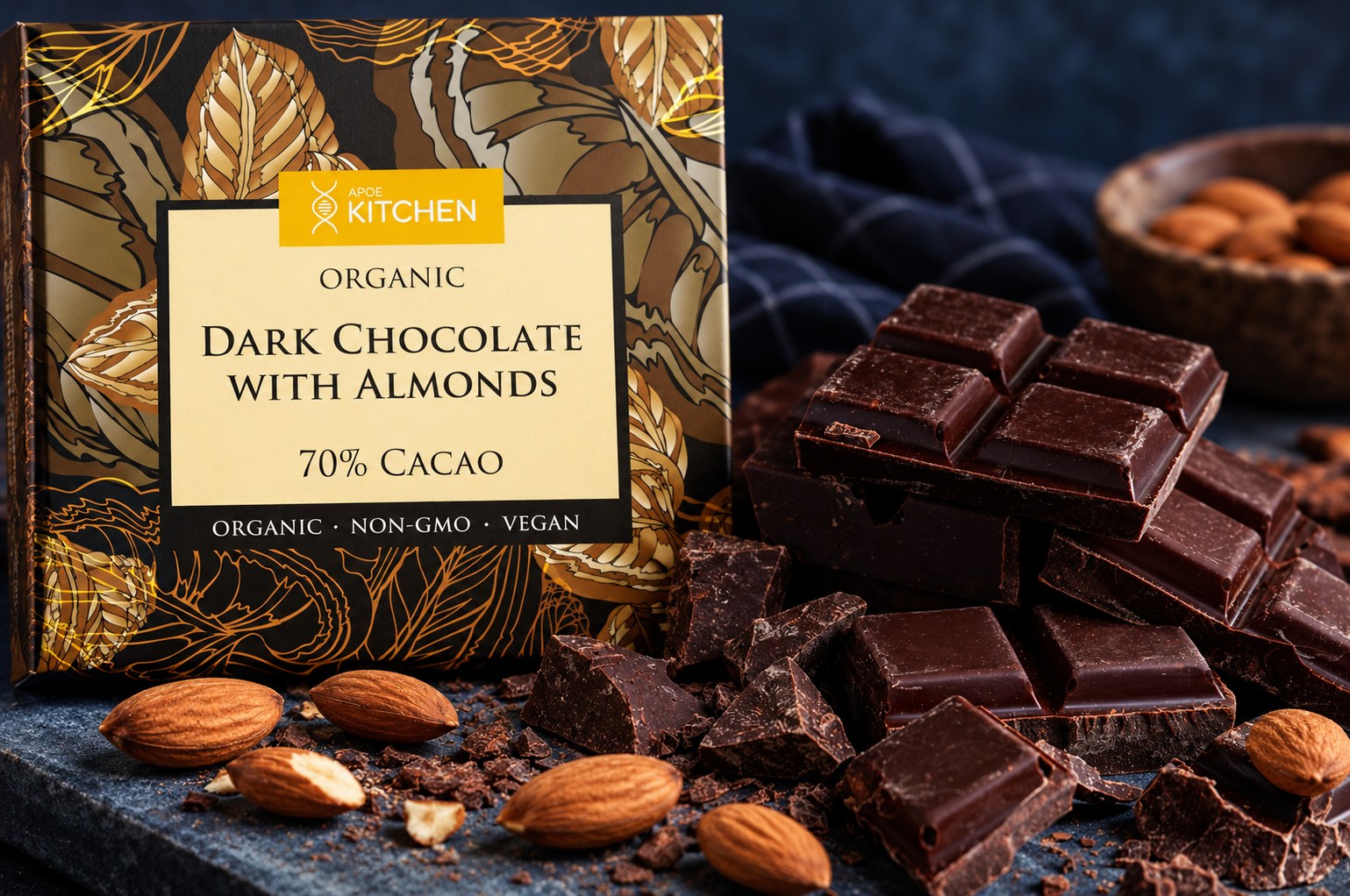 APOE Kitchen Organic Dark Chocolate with Almonds bar with chocolate squares and whole almonds